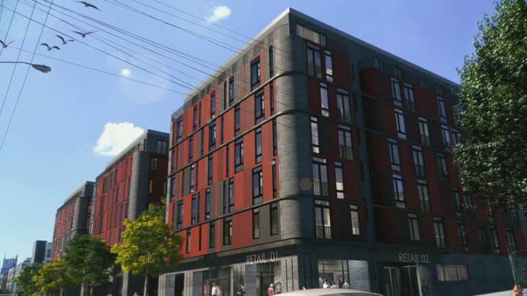 Exterior rendering of 1217 2nd Avenue North Apartments with red and grey modern exterior and people outside