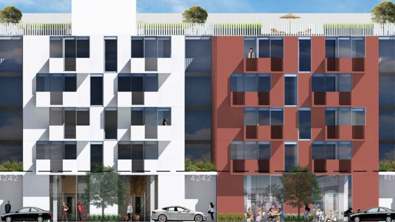 Exterior rendering of 4242 Crenshaw Boulevard Apartments with white and red modern exterior, cars parked on the street, and people outside