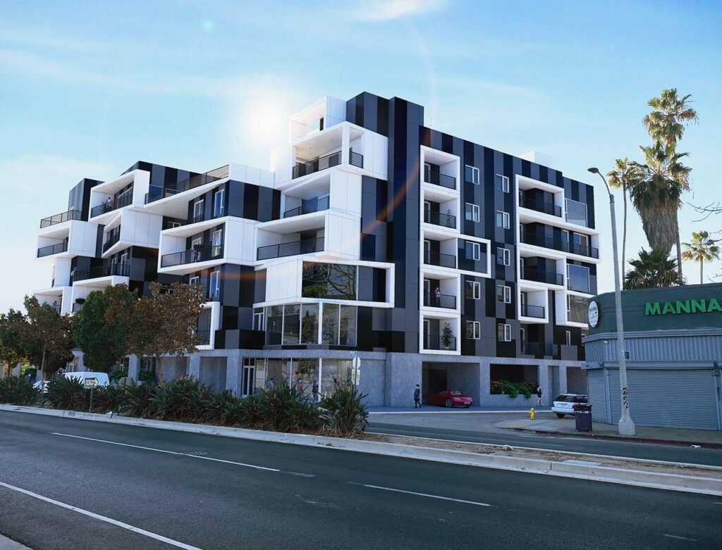 Exterior rendering of Mid City Flats Apartments with black and white modern exterior, cars parked on the street, and people outside