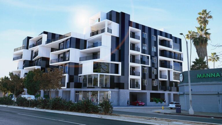 Exterior rendering of Mid City Flats Apartments with black and white modern exterior, cars parked on the street, and people outside